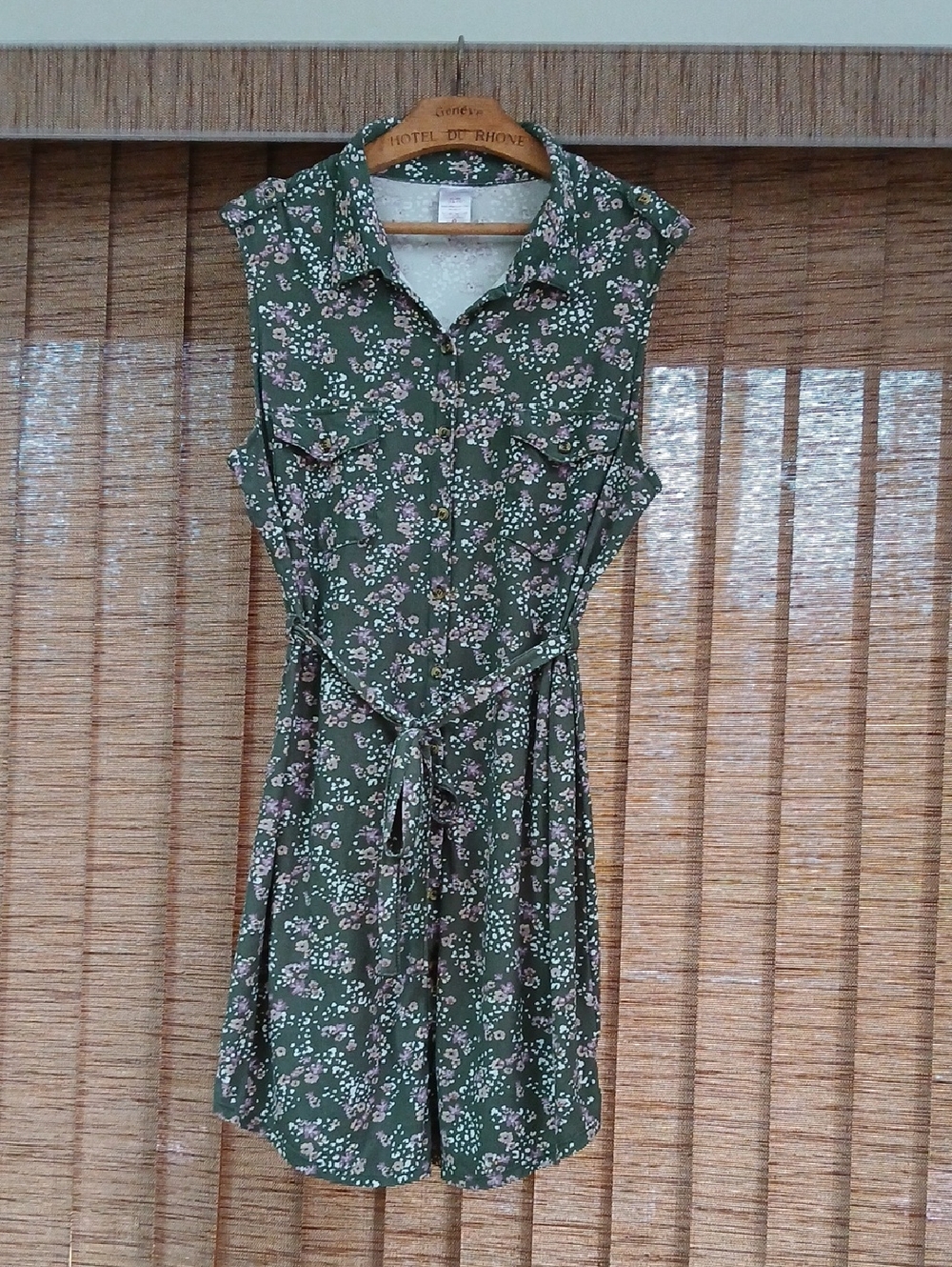 No Boundaries Olive Green Floral Button-Front Tie-Waist Mini Dress
